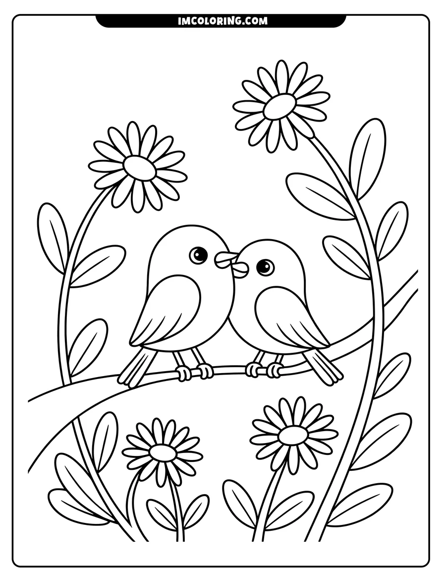 Two birds perched on a branch, surrounded by flowers.