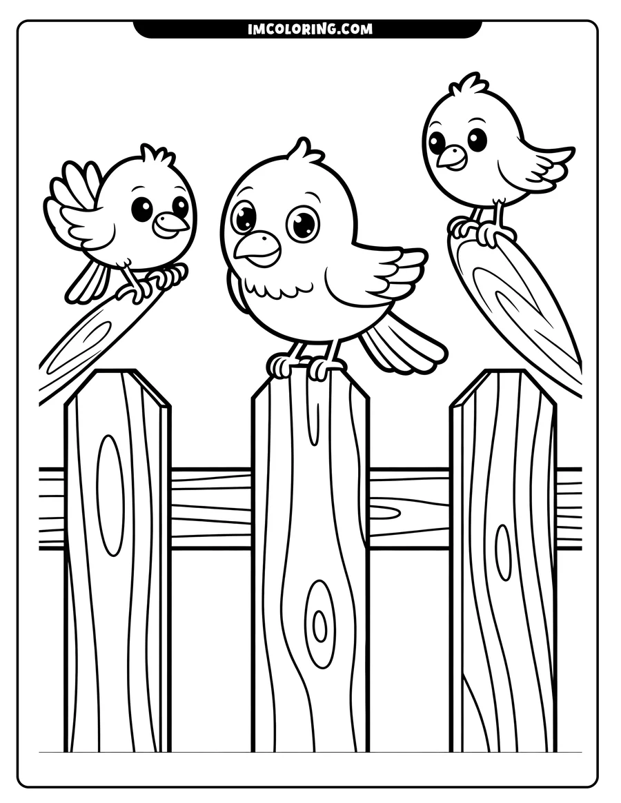 Three cartoon birds sitting and flying near a wooden fence.