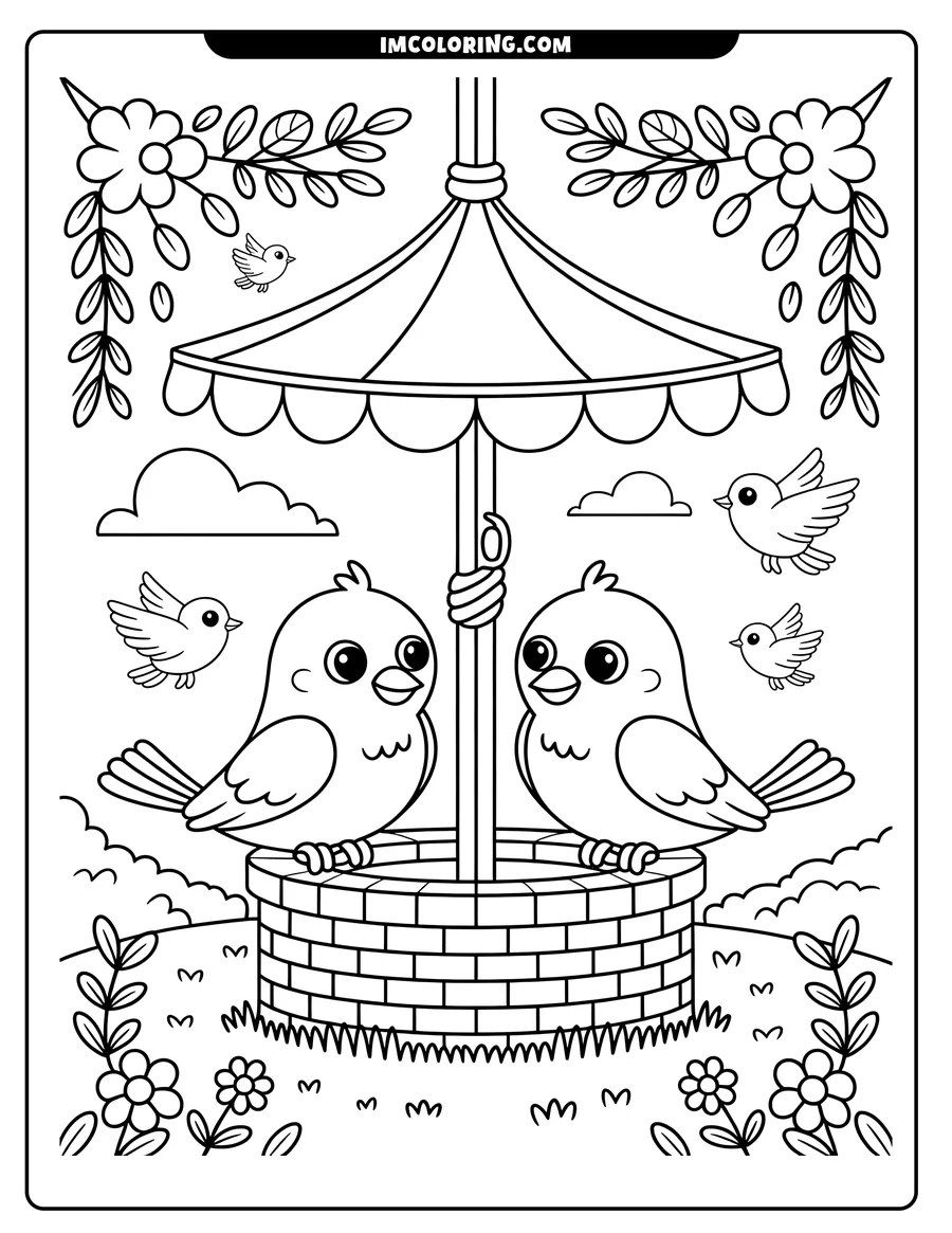 Two birds perched on a wishing well, under an umbrella, with other birds flying around them, in a garden setting.