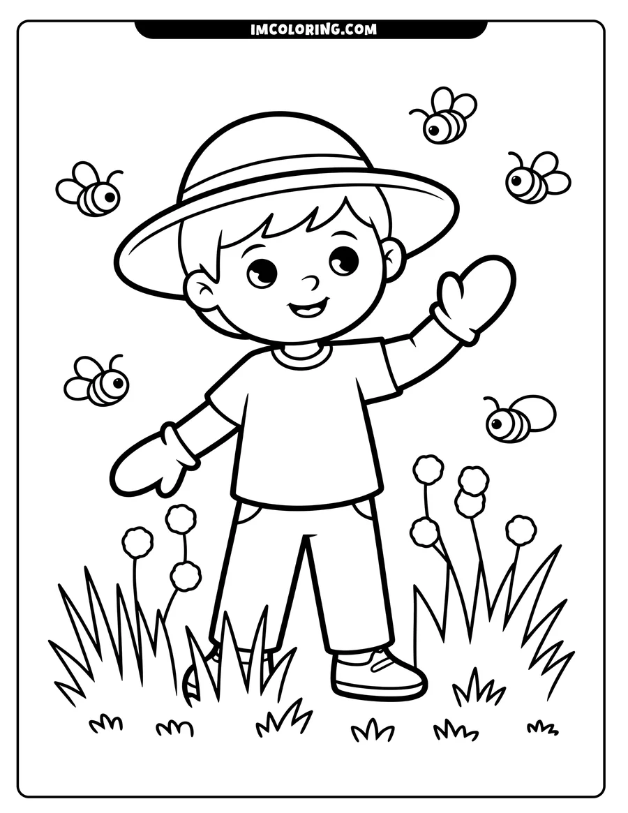 Line art of a boy in a sunhat and gloves, with bees flying around flowers.