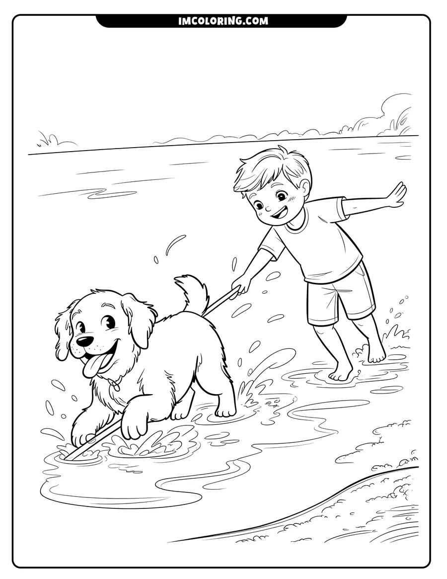 Line art of a boy and his dog playing together in puddles near the shore. The boy holds a stick, and the happy golden retriever puppy follows it through the water.