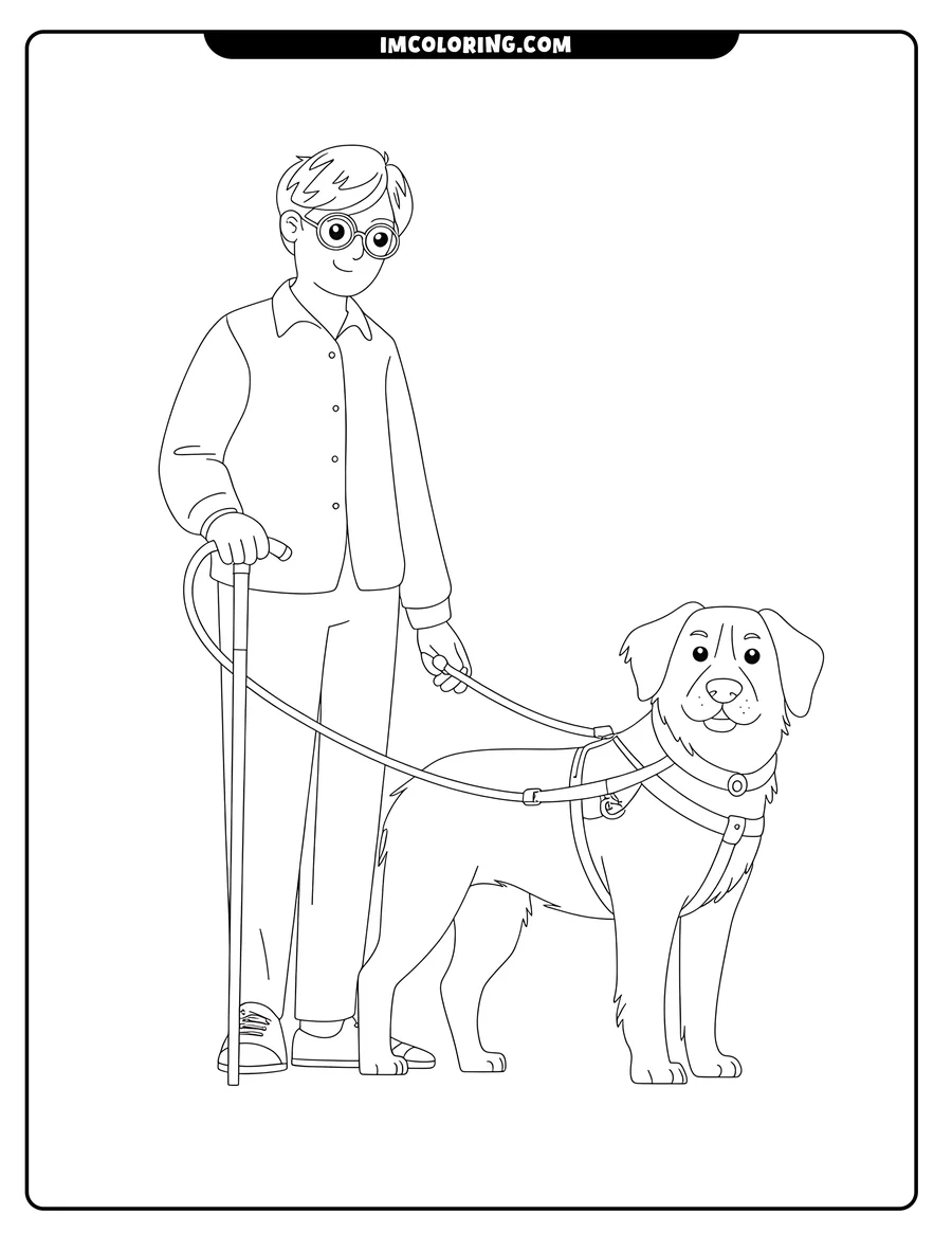 Line art of a boy using a cane and holding the leash of his service dog, who is wearing a service animal vest.