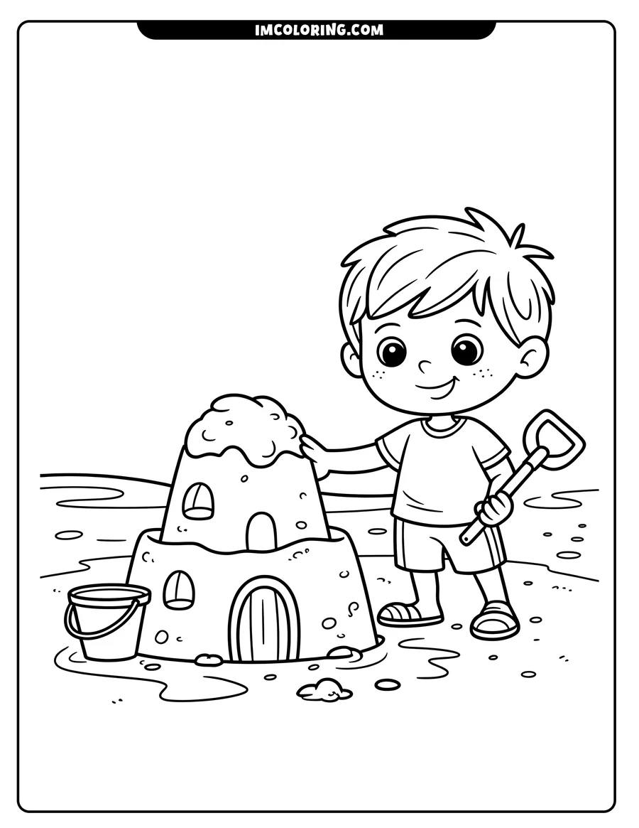 Line art of a boy building a sandcastle on the beach. He's using a shovel and has a bucket beside him.
