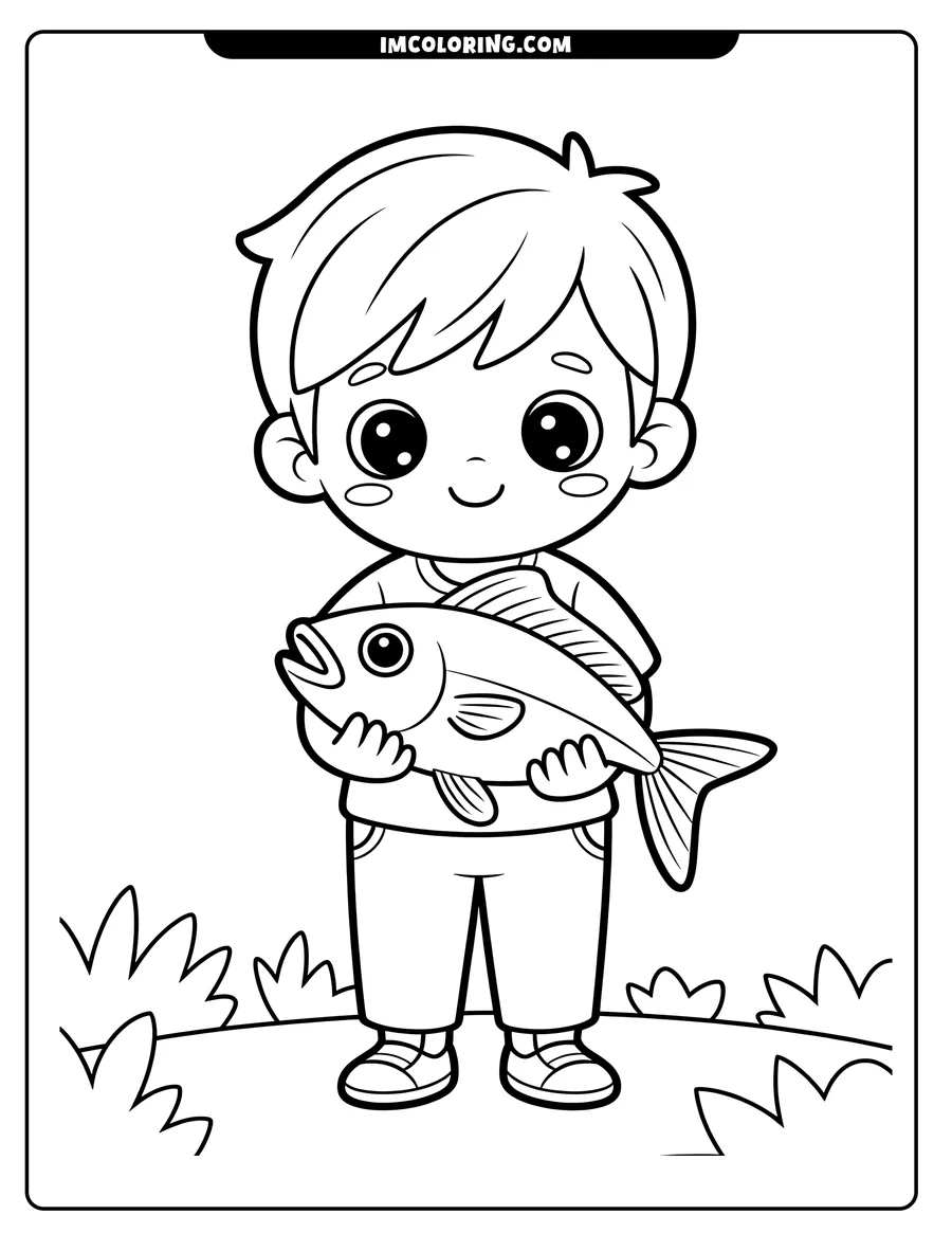 Line drawing of a boy holding a large fish, ready to be colored.