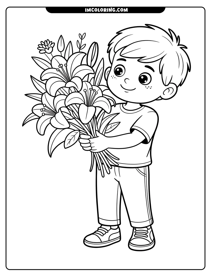 Line art of a boy holding a large bouquet of lilies. He wears a t-shirt, striped pants, and sneakers.