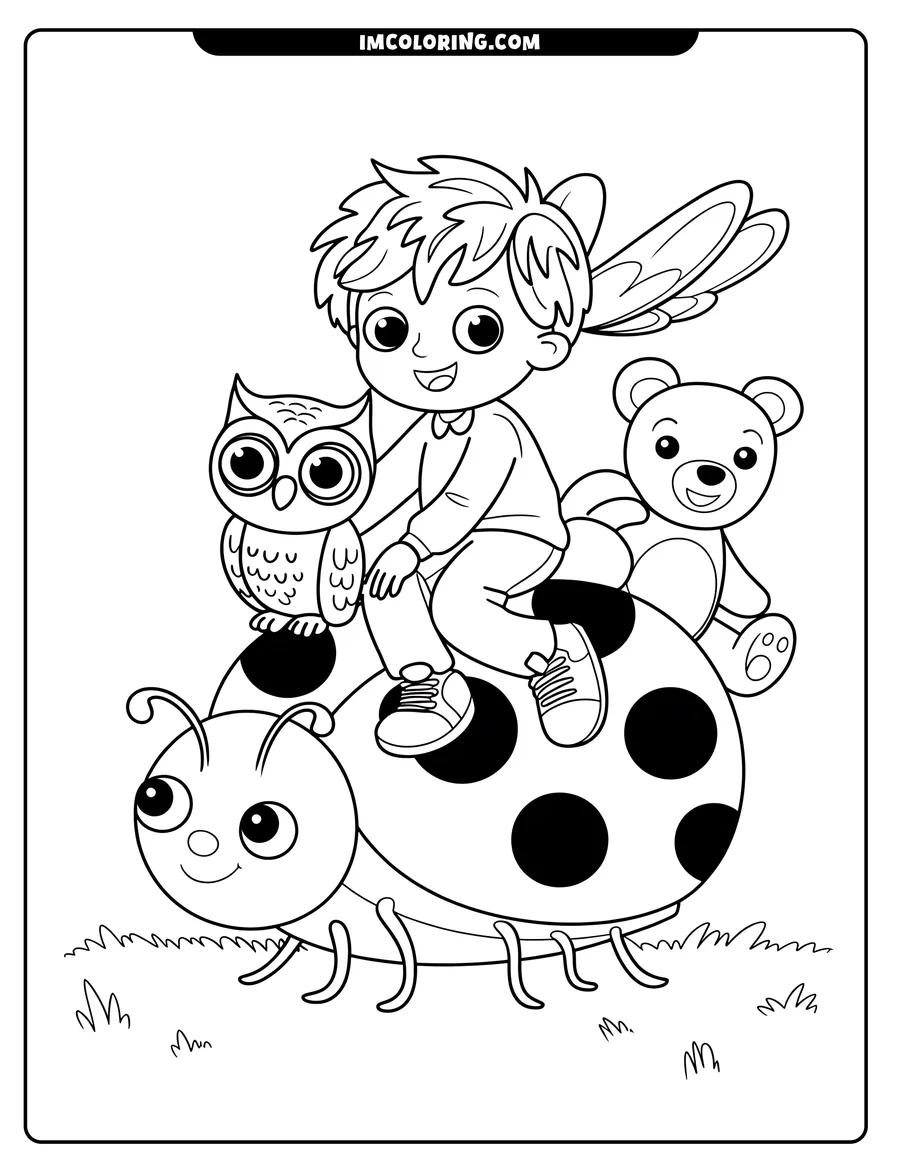 Line art of a boy with fairy wings riding a large ladybug. An owl and teddy bear accompany him.
