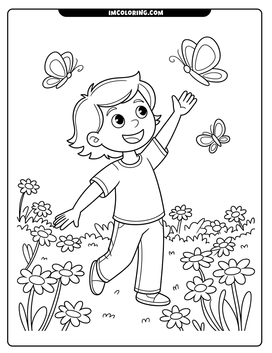 Line art of a young boy walking through a flower garden, reaching up towards butterflies. Daisies grow around him.