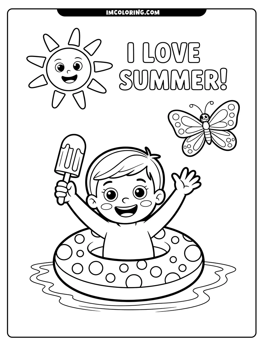 Line art of a boy sitting in a pool float with a popsicle, a butterfly, and a smiling sun