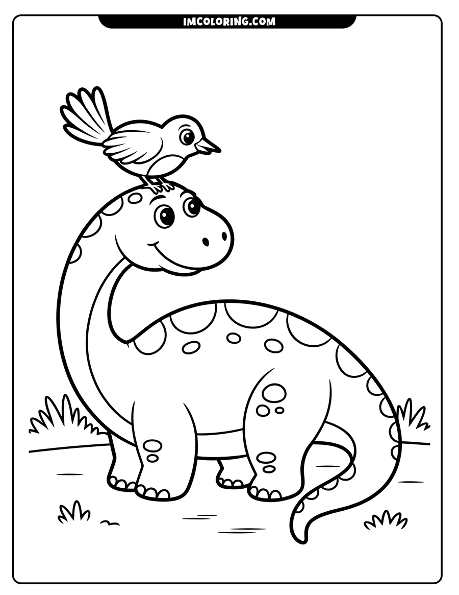 Outline of a friendly brontosaurus with a small bird sitting on its head. The dinosaur is standing in a grassy area.