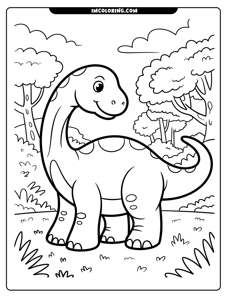 Line art of a brontosaurus in a prehistoric setting. The dinosaur has a long neck and tail, spots on its back, and stands among trees and bushes.
