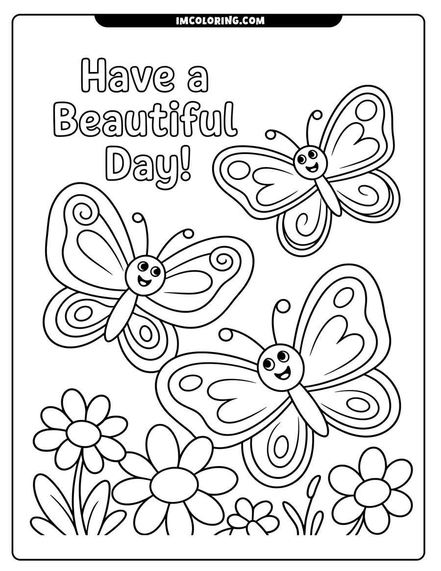 Three smiling butterflies with patterned wings fly above a group of daisies.