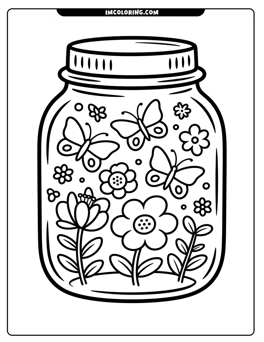 Line art of three butterflies and various flowers inside a jar, ready to be colored.