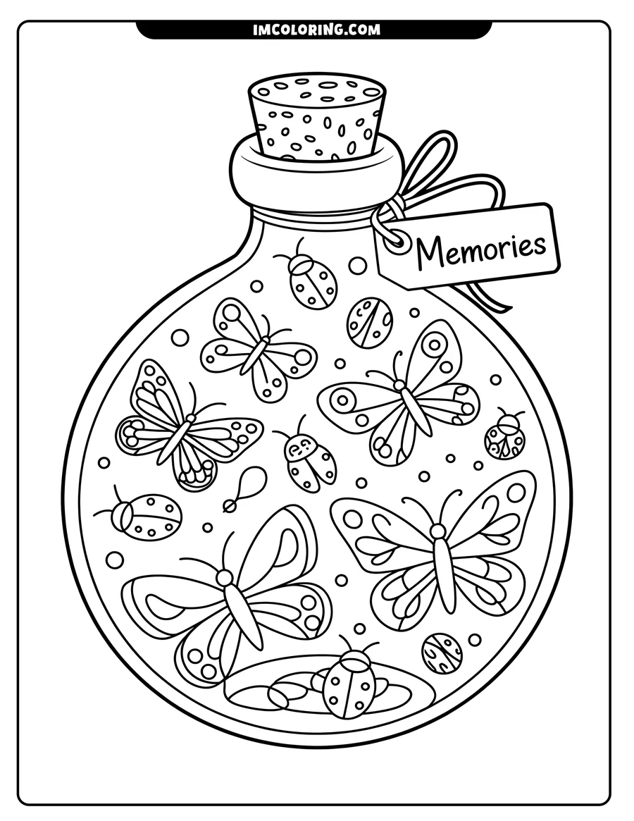Outline of several butterflies and ladybugs inside a glass jar labeled