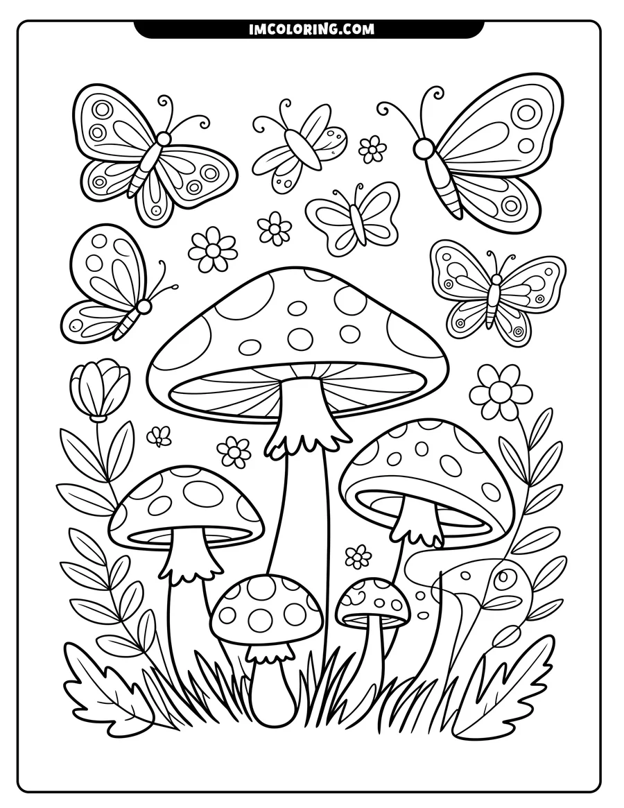 Outline of several butterflies fluttering near spotted mushrooms, flowers, and leaves.