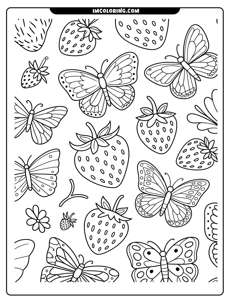 Line art of butterflies and strawberries. Various butterfly wing patterns are included, some with dots and others with lines. The strawberries look ripe and juicy. This is a printable coloring page.