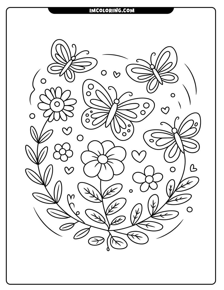 Outline of four butterflies fluttering around a cluster of flowers and leaves, accented with small hearts and circles.