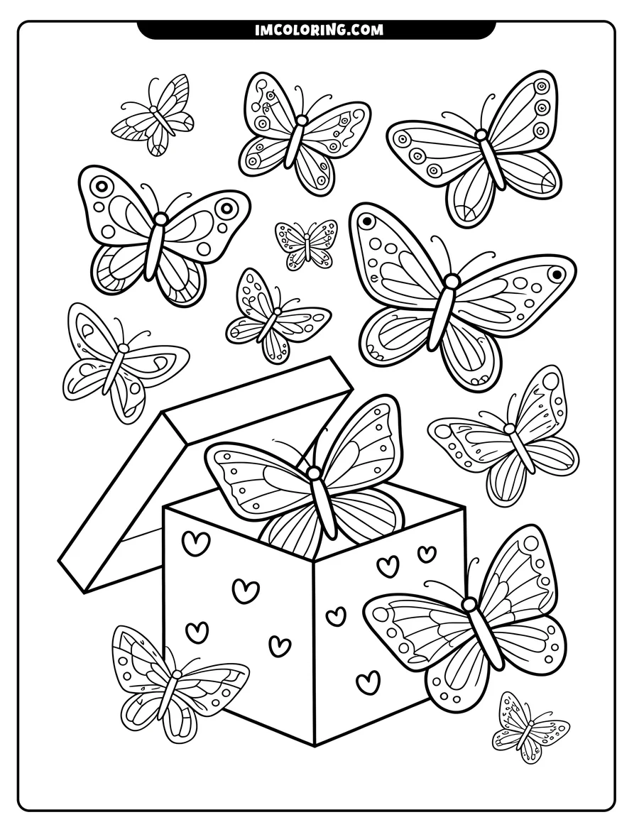 Line art of several butterflies and an open gift box. The butterflies have different wing patterns, and the box is decorated with hearts. One butterfly rests inside the box.