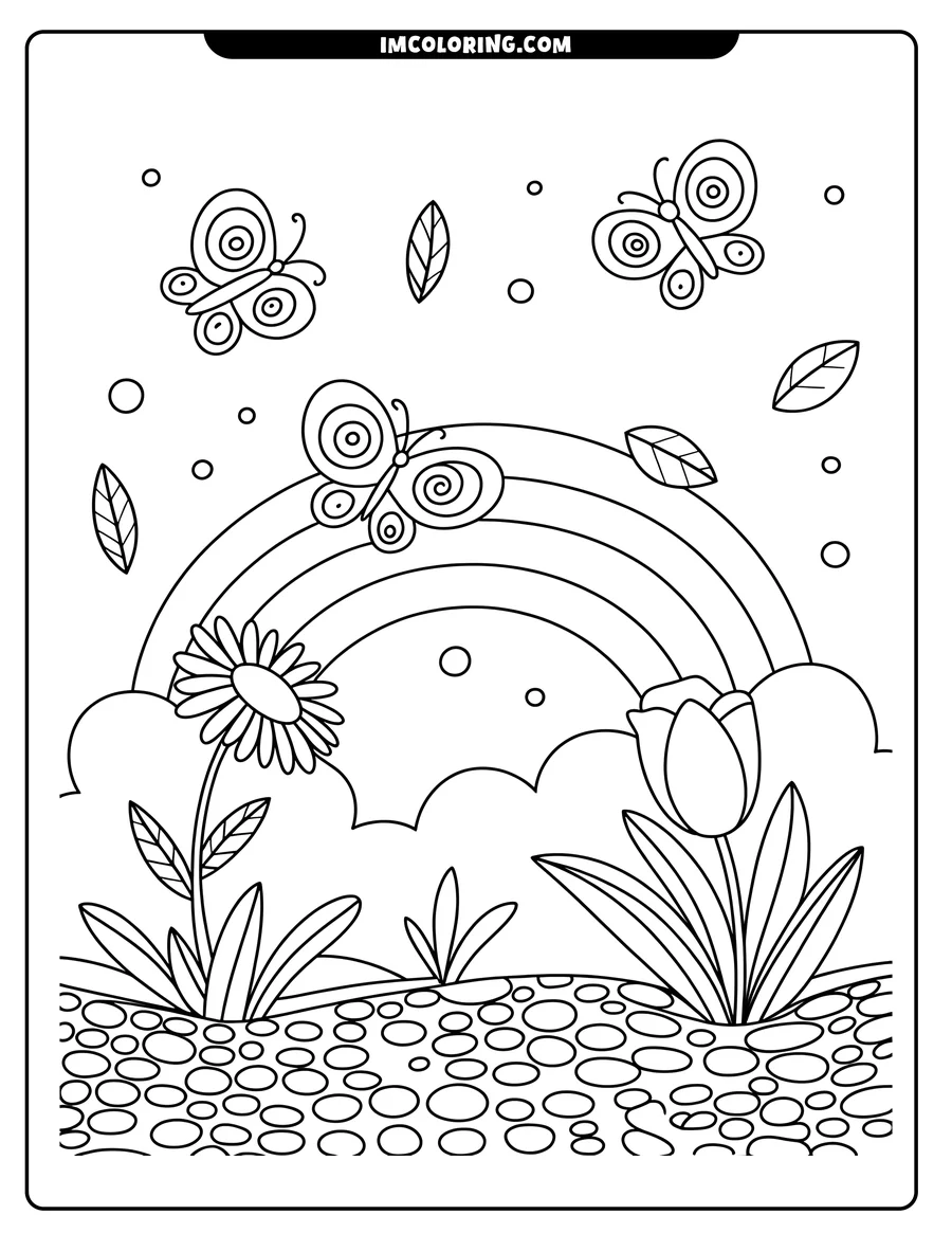 Line art of three butterflies flying near a rainbow. Below the rainbow, a daisy and a tulip grow in a garden bed covered with small, rounded pebbles.