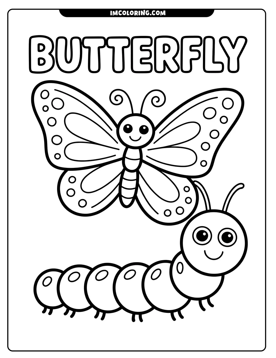 Outline of a butterfly and a caterpillar, both with simple, happy faces. The butterfly's wings are decorated with circles.
