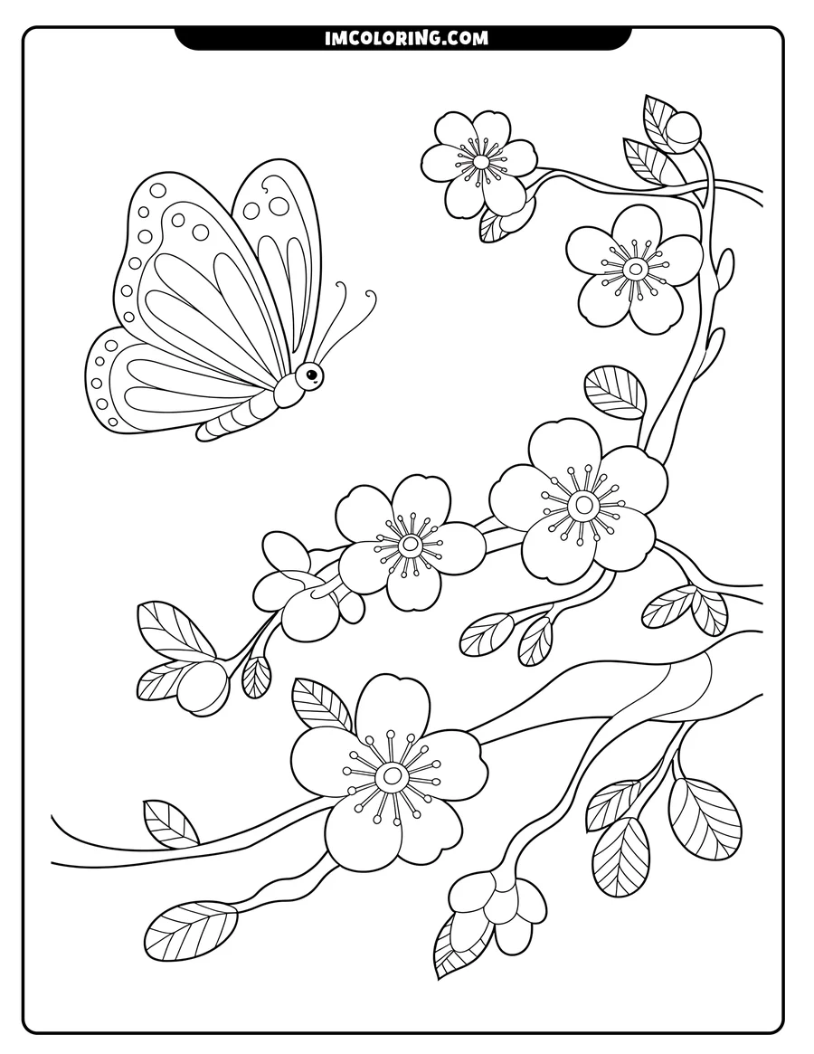 Line art of a butterfly near a cherry blossom branch. The butterfly has patterned wings and curled antennae. The branch has several open blossoms, buds, and leaves.
