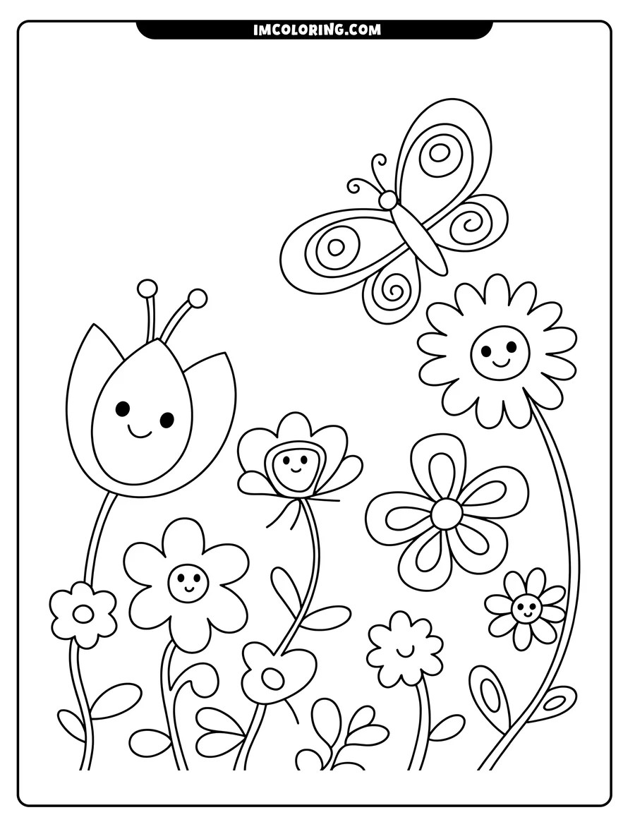 Line art of a butterfly above smiling flowers. The butterfly has decorative swirls on its wings. Each flower has a distinct shape and a happy face.