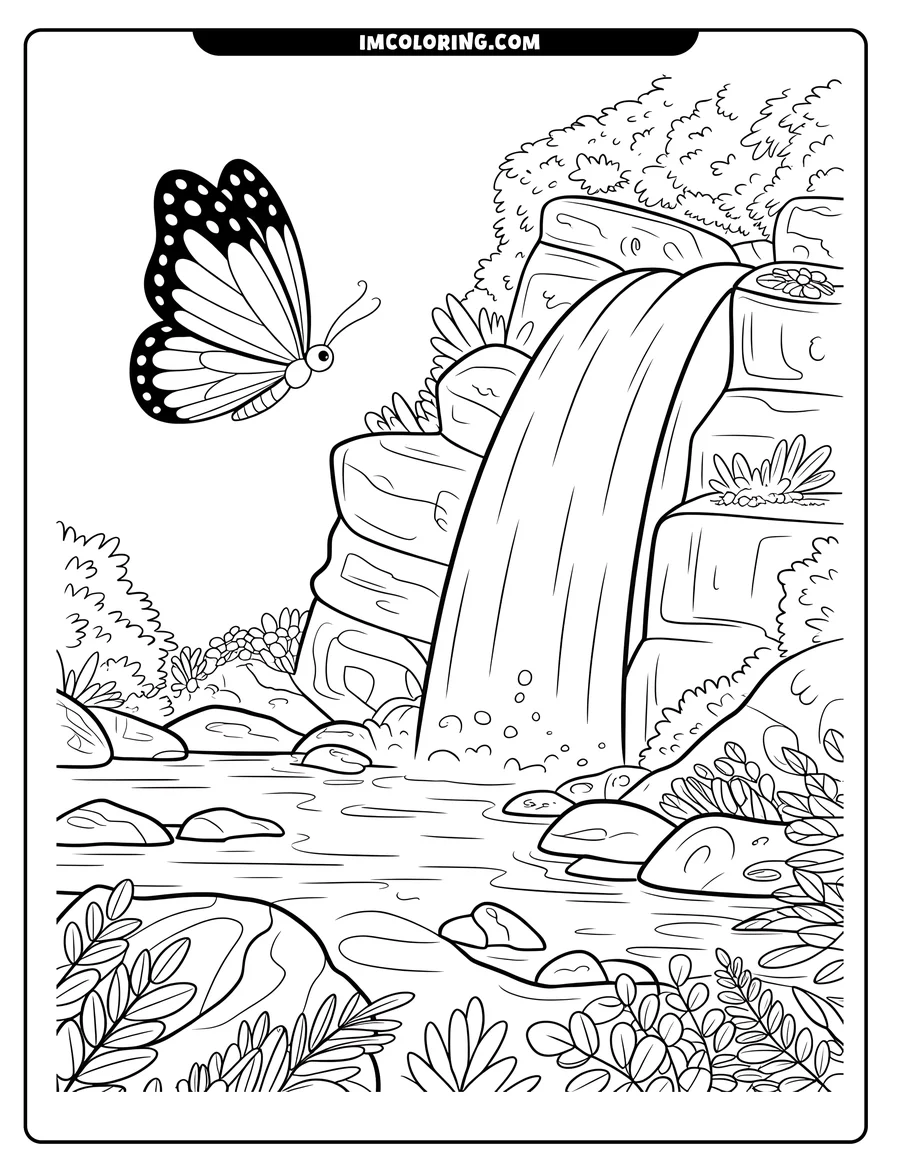 Line art of a monarch butterfly near a waterfall, surrounded by rocks and plants.