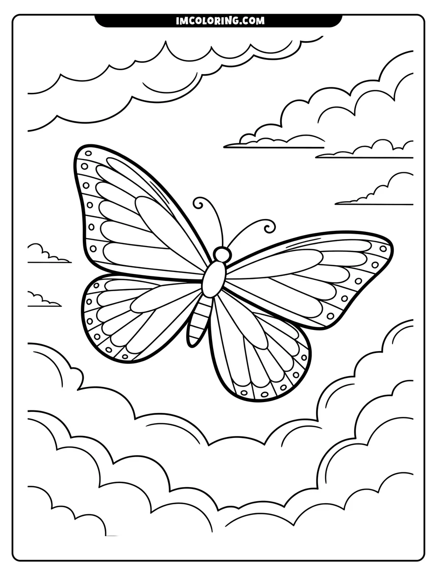 Line art of a butterfly with patterned wings flying amongst stylized clouds.