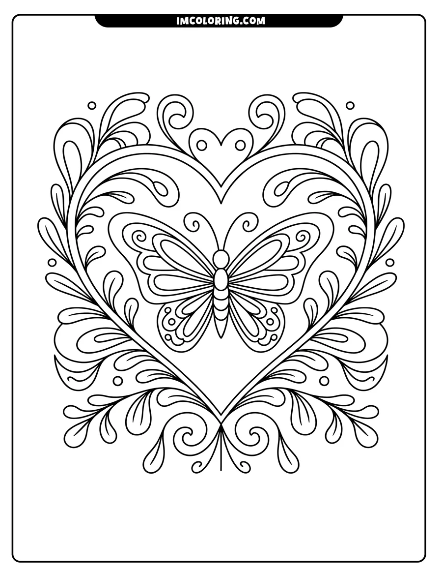 Line art of a butterfly inside a decorative heart frame, adorned with swirls and leaf-like shapes.