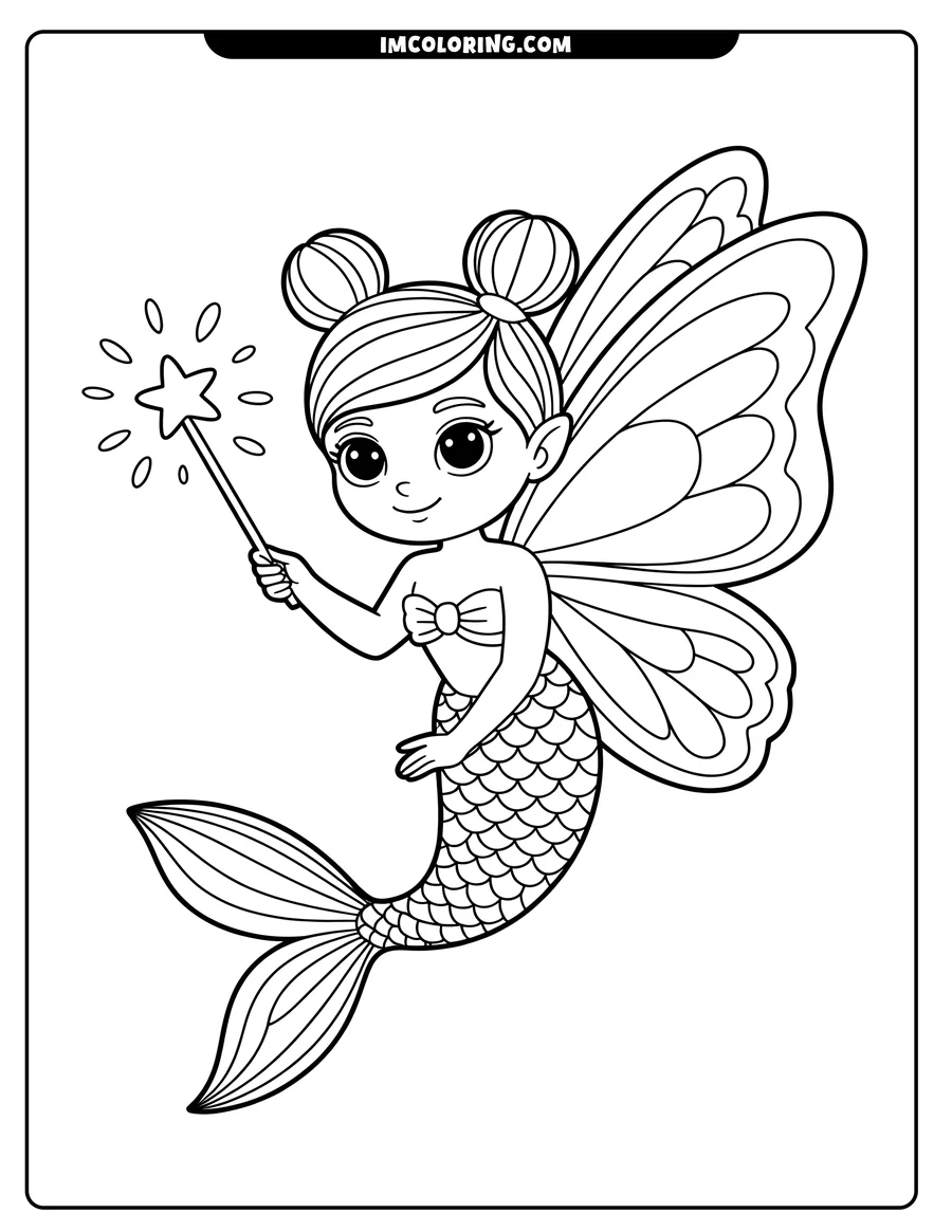 Outline of a butterfly mermaid holding a magic wand with a star on top. She has large expressive eyes, a sweet smile, and her hair in two buns. Butterfly wings sprout from her back and she has a scaled fishtail.