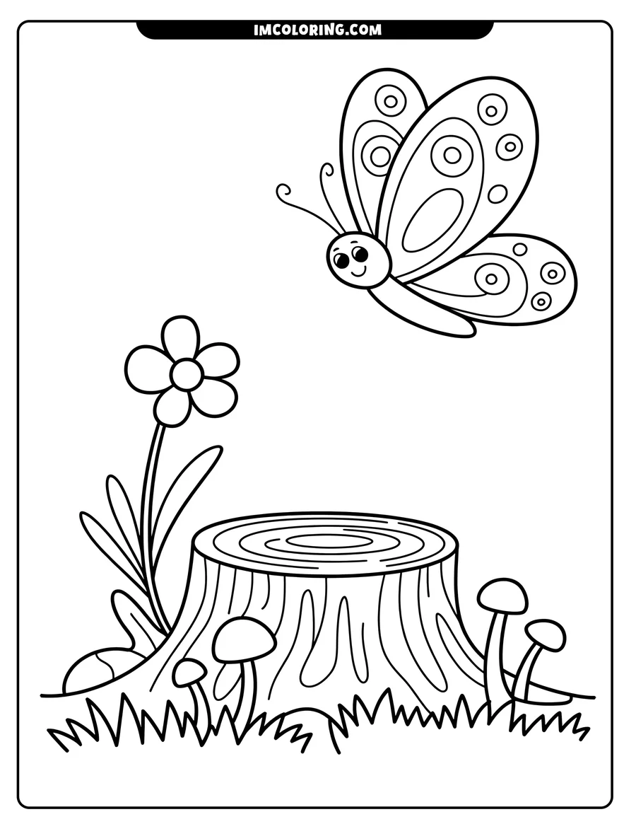 Outline drawing of a butterfly with patterned wings hovering above a tree stump, with two mushrooms and a flower nearby.