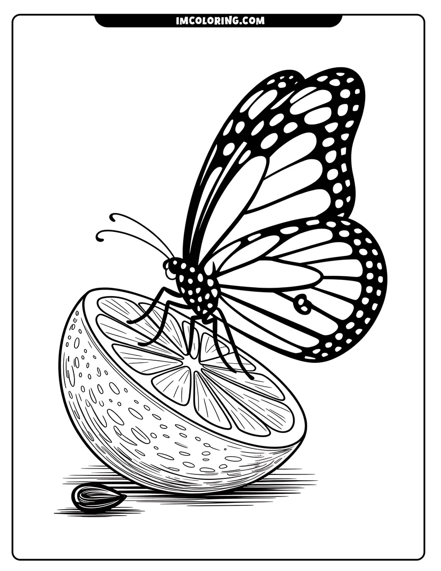 Line art of a butterfly with patterned wings perched on a lemon slice. A seed rests nearby.