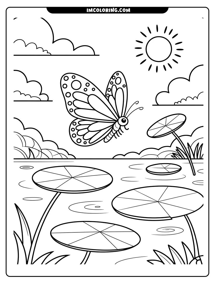 Line drawing of a butterfly flying over a pond with lily pads, grass, and clouds under a shining sun.