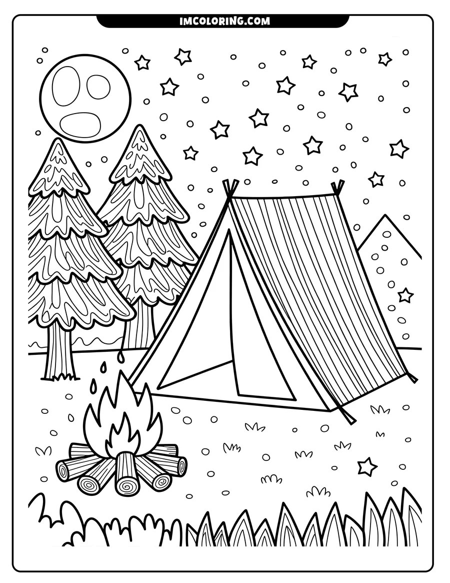 Outline of a camping tent at night, with a bonfire, trees, and a starry sky.