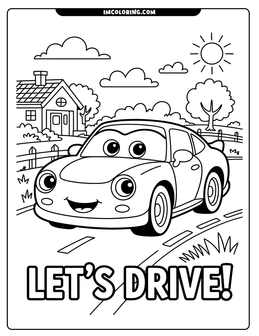 Outline of a smiling car driving down a road, passing a house and trees under a sunny sky.