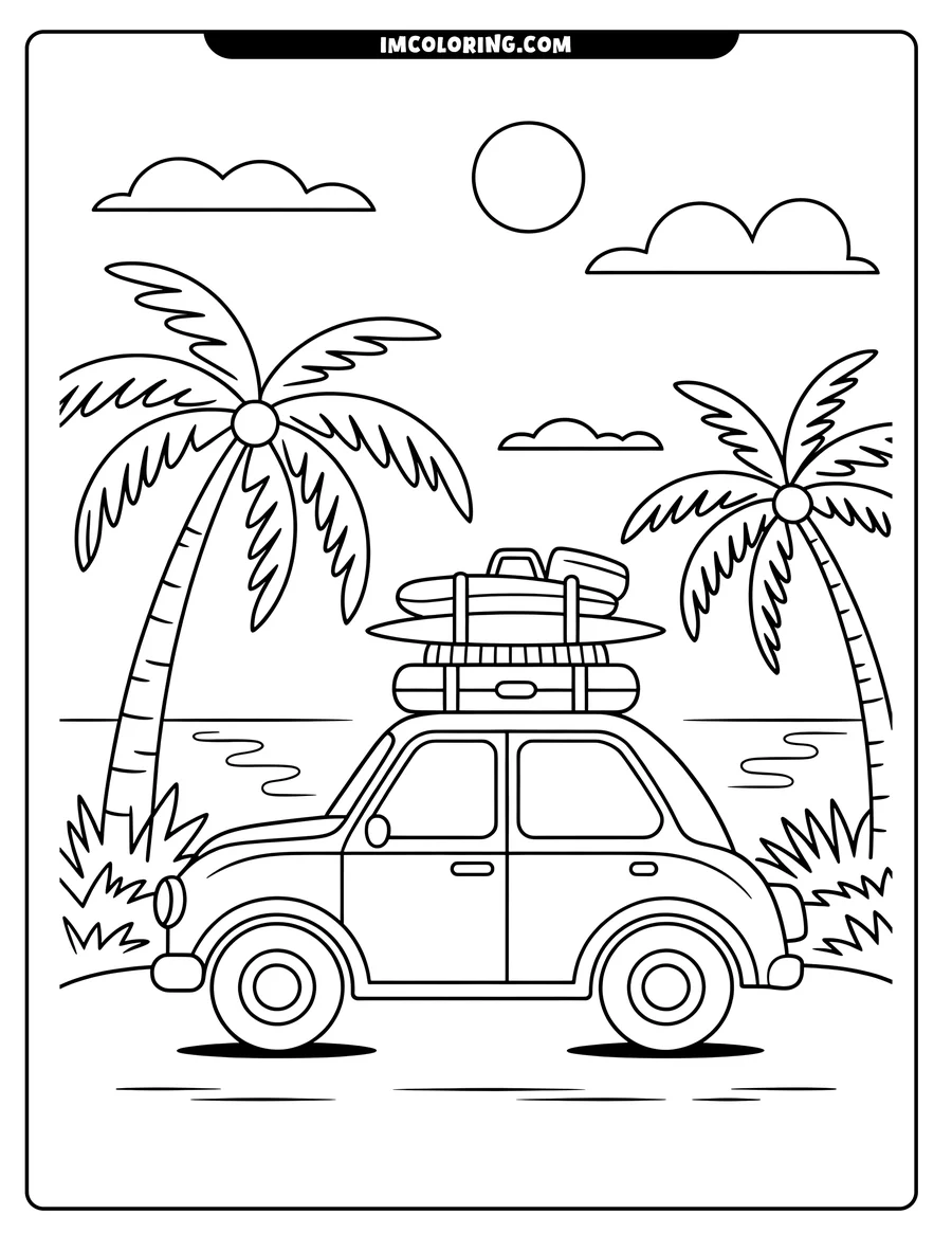 Outline of a car parked on the beach with surfboards on its roof, palm trees, and the ocean in the background.