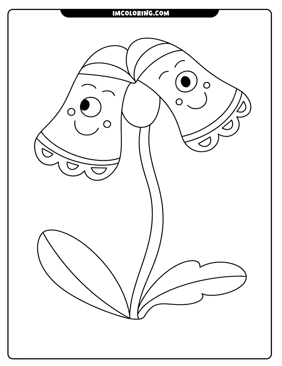 Line drawing of two cartoon flowers with faces on a stem with two leaves.