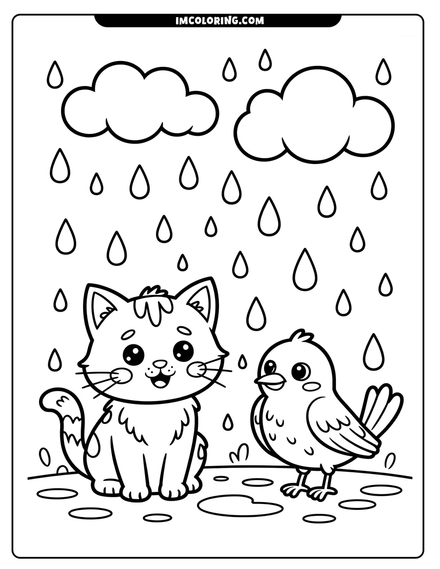 Line art of a cat and bird standing together in the rain, with rain clouds overhead and puddles on the ground.