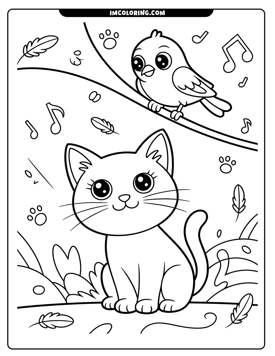 Outline of a cat gazing up at a small bird perched on a branch, surrounded by music notes and feathers.