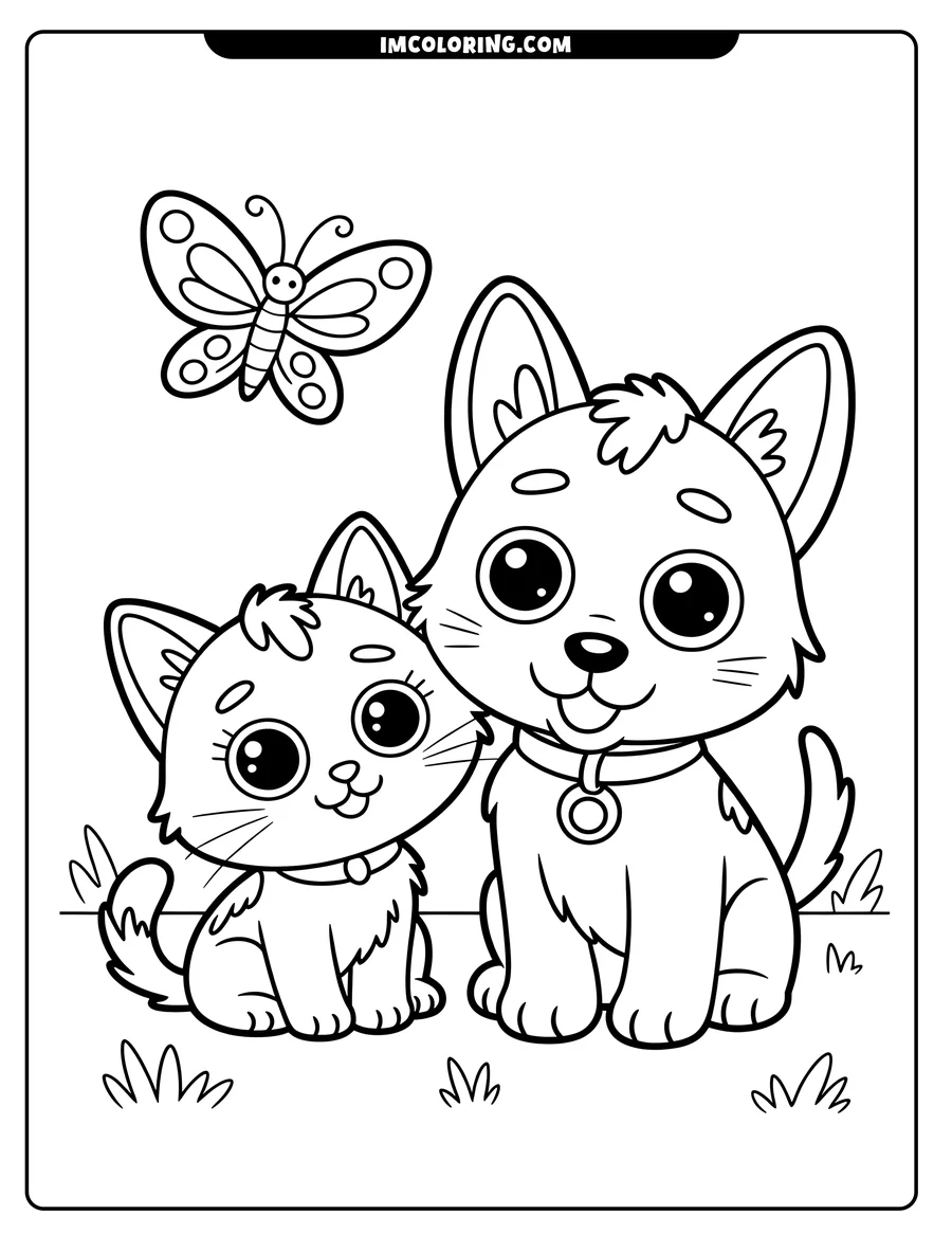 Outline of a cat and dog sitting together in the grass with a butterfly fluttering above