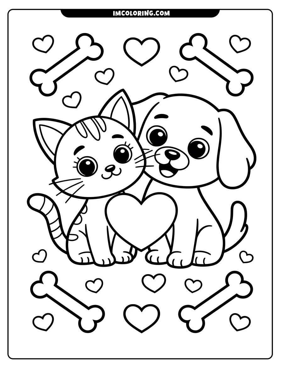 Outline of a cat and a dog holding a heart between them, surrounded by small hearts and dog bones.