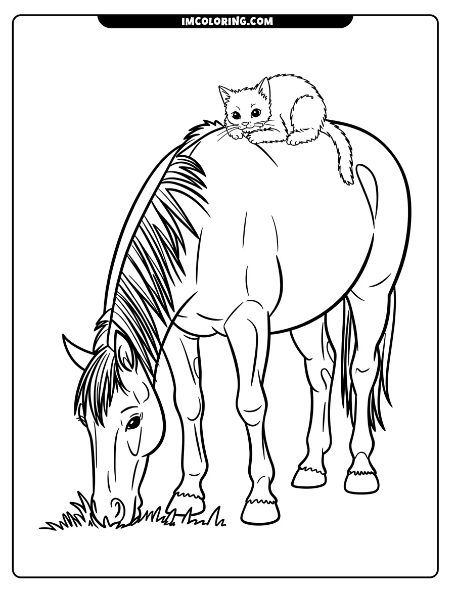 Line art of a horse grazing with a cat resting on its back.