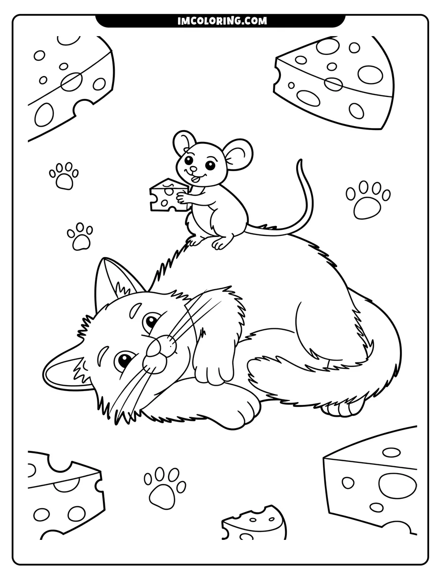 Outline of a cat lying down with a mouse sitting on its back holding a piece of cheese, surrounded by cheese wedges and paw prints.