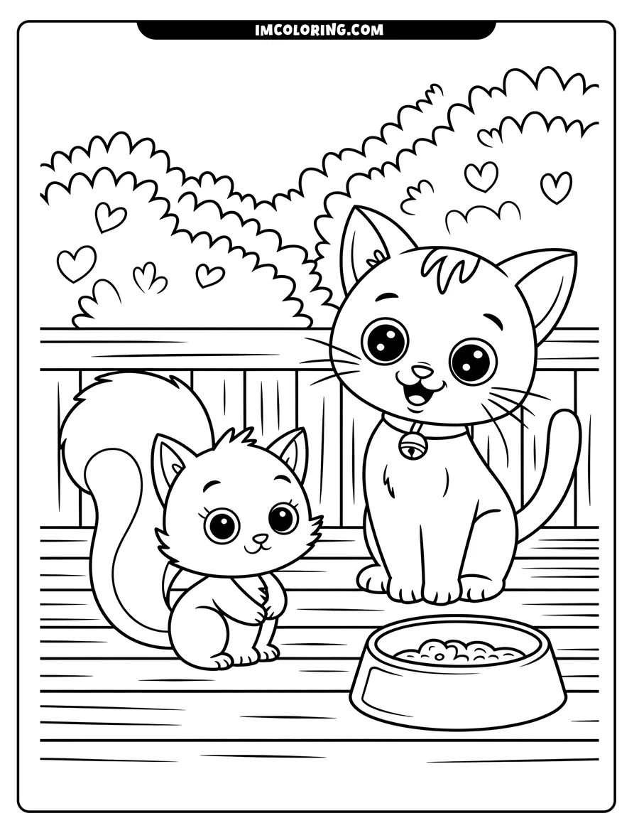 Outline of a cat and a squirrel near a food bowl on a porch, with a fence and bushes in the background