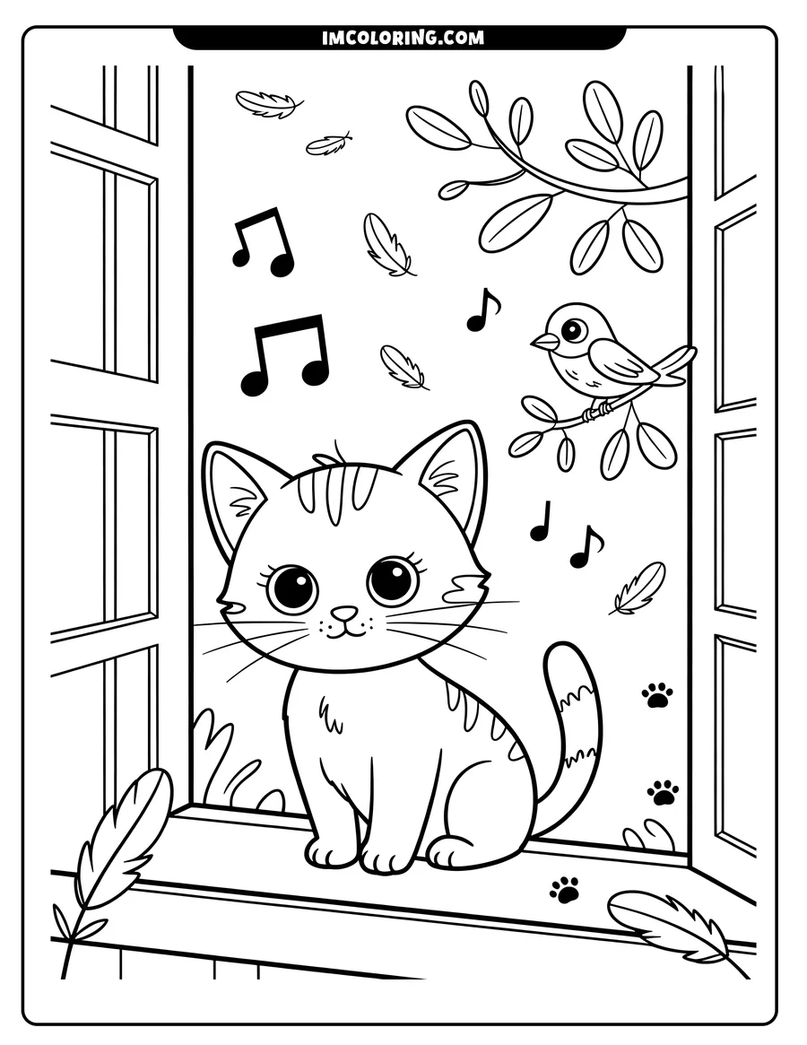 Outline of a cat sitting at an open window, watching a bird on a branch outside. Musical notes and feathers add a playful touch.