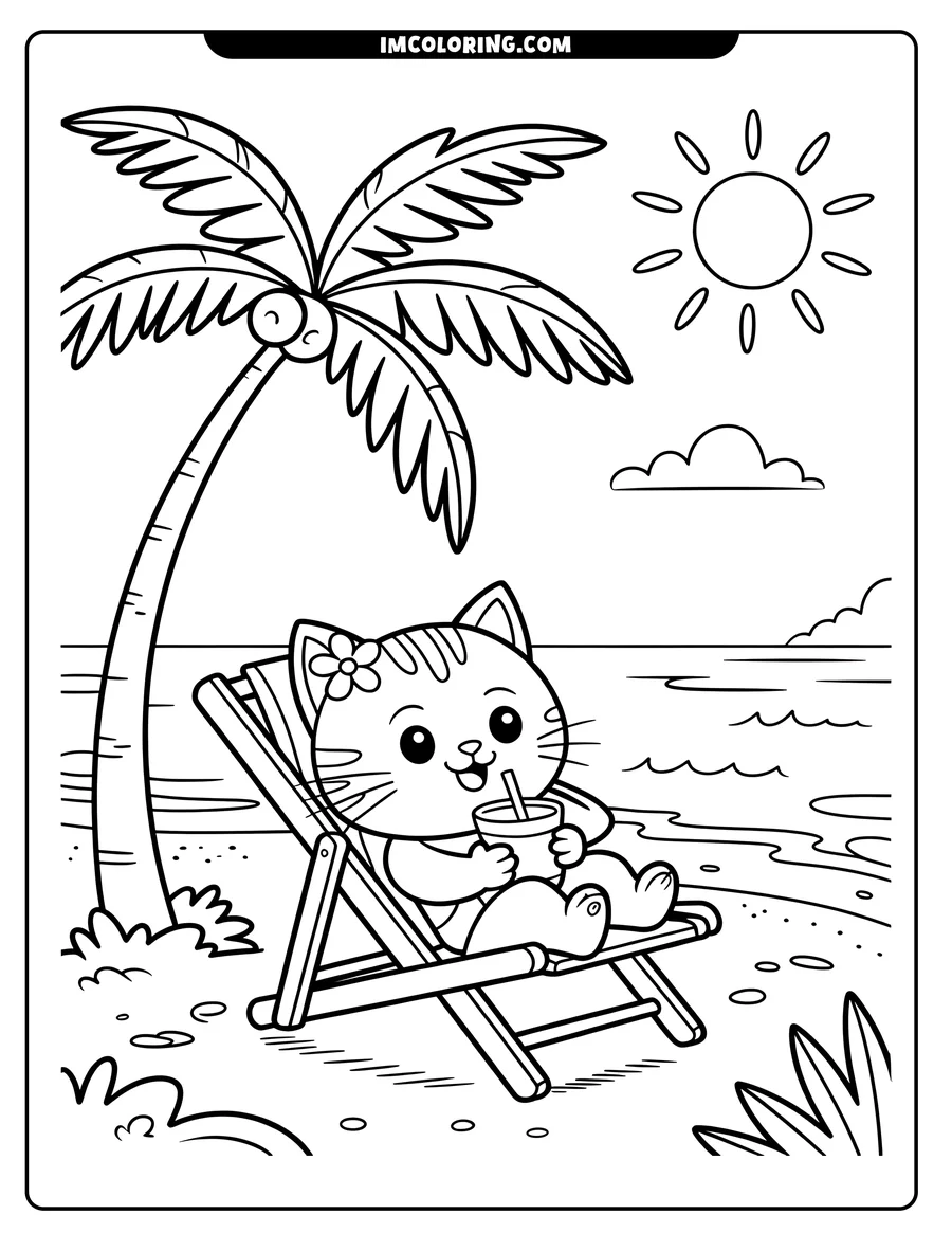 Outline of a cat relaxing on a beach lounger, enjoying a drink under a palm tree by the ocean.