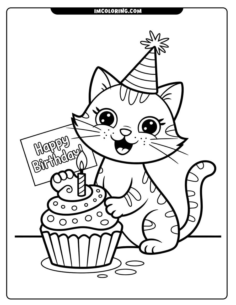 Outline of a happy cat wearing a birthday hat, holding a birthday sign and standing next to a cupcake with a lit candle