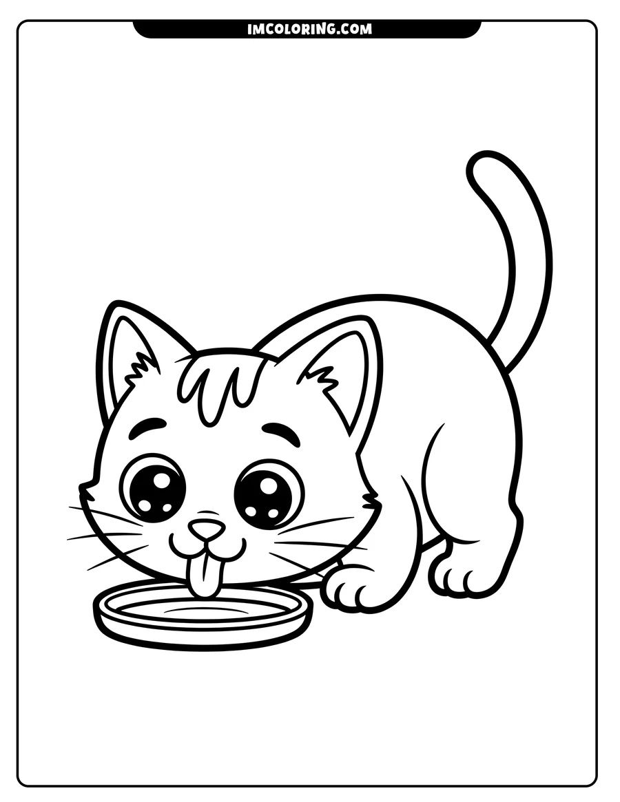 Outline of a cartoon cat lapping water from a bowl. The cat has large, expressive eyes, a small, happy smile and a playful pose.