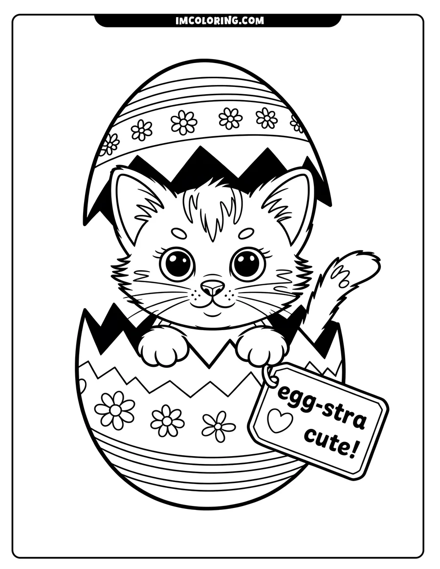 Outline of a cat hatching from a decorated Easter egg with a tag that says 'egg-stra cute!'.