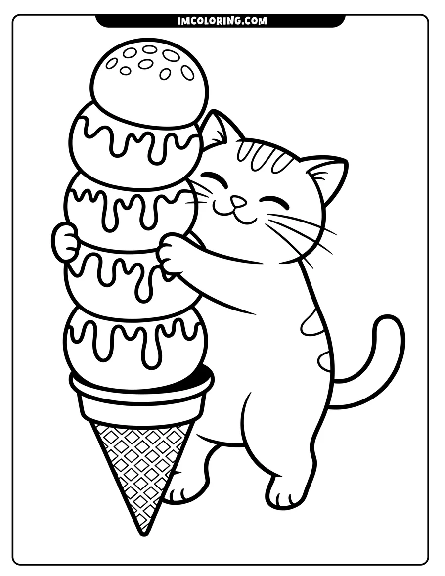 Outline of a happy cat hugging a large ice cream cone with three scoops, topped with a cookie.