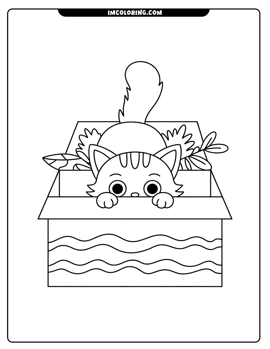 Outline of a playful cat peeking out of a decorated box filled with leaves.